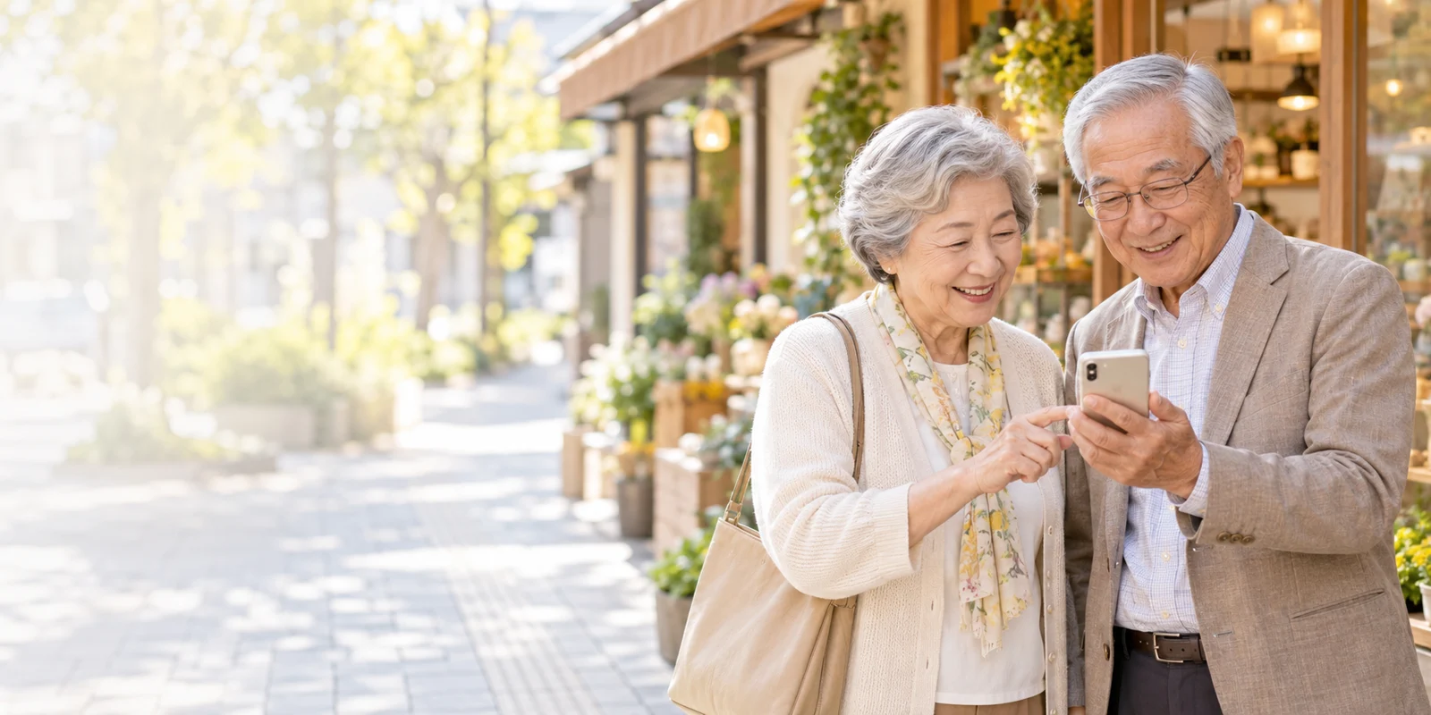 お店の前でスマートフォンを一緒に見る二人