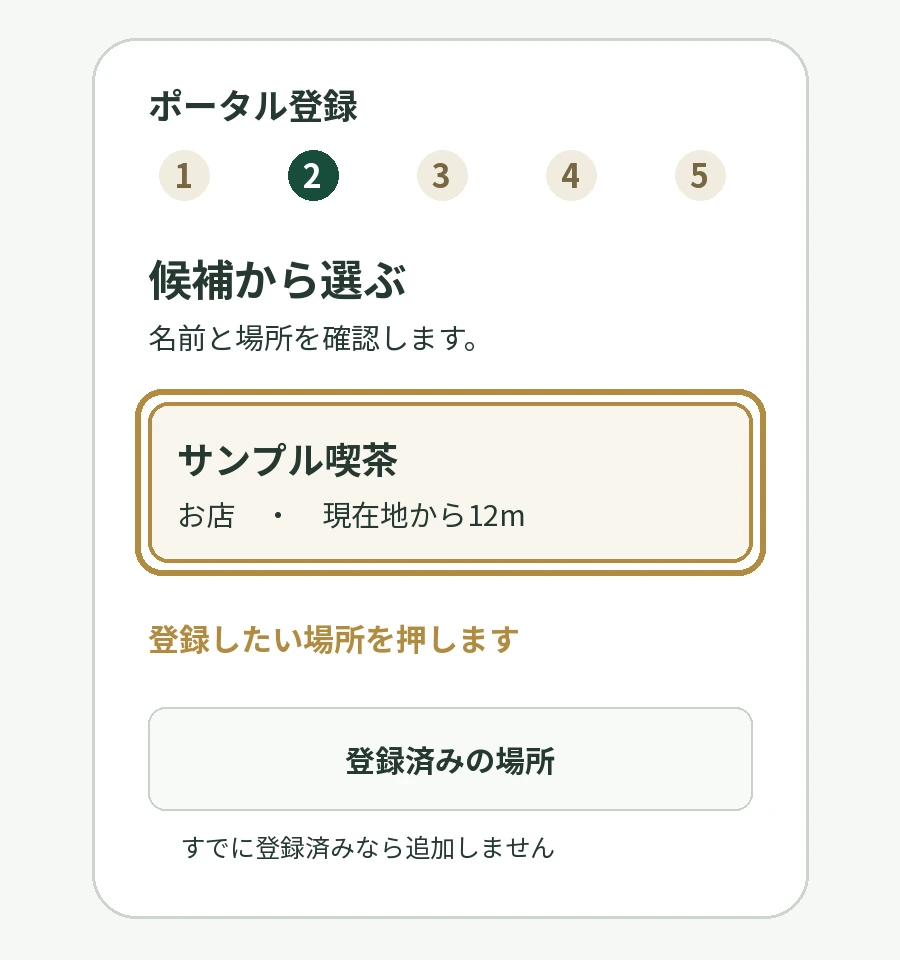 手順2の説明図。例のお店、サンプル喫茶が金色の枠で囲まれています。