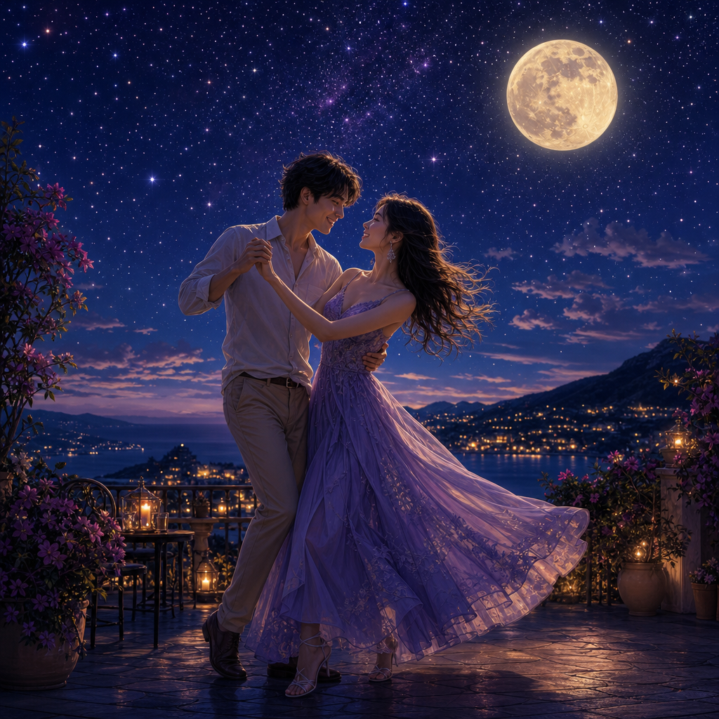 星空の下、夜空には無数の星が輝いている情景を描いてください。中央には、男女の二人が楽しそうに踊っている姿を配置します。男性はカジュアルなシャツとパンツを着ており、女性はエレガントなドレスを身にまとって