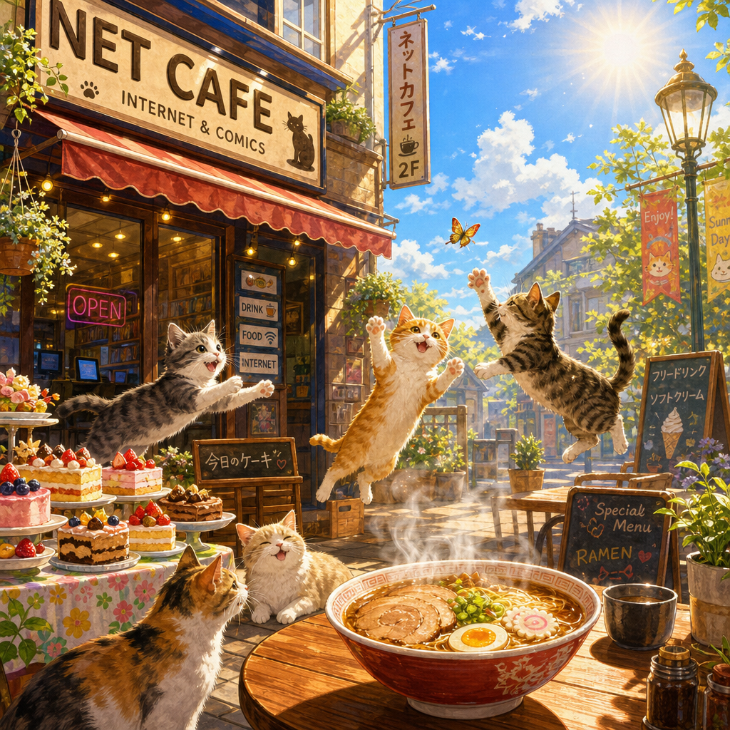 太陽が輝く明るい空の下、ネットカフェの外観を背景にしたシーンを描いてください。カフェの前には、色とりどりのケーキが並べられ、甘い香りが漂っています。その周りには、飛び跳ねる猫が楽しそうに遊んでいる様子