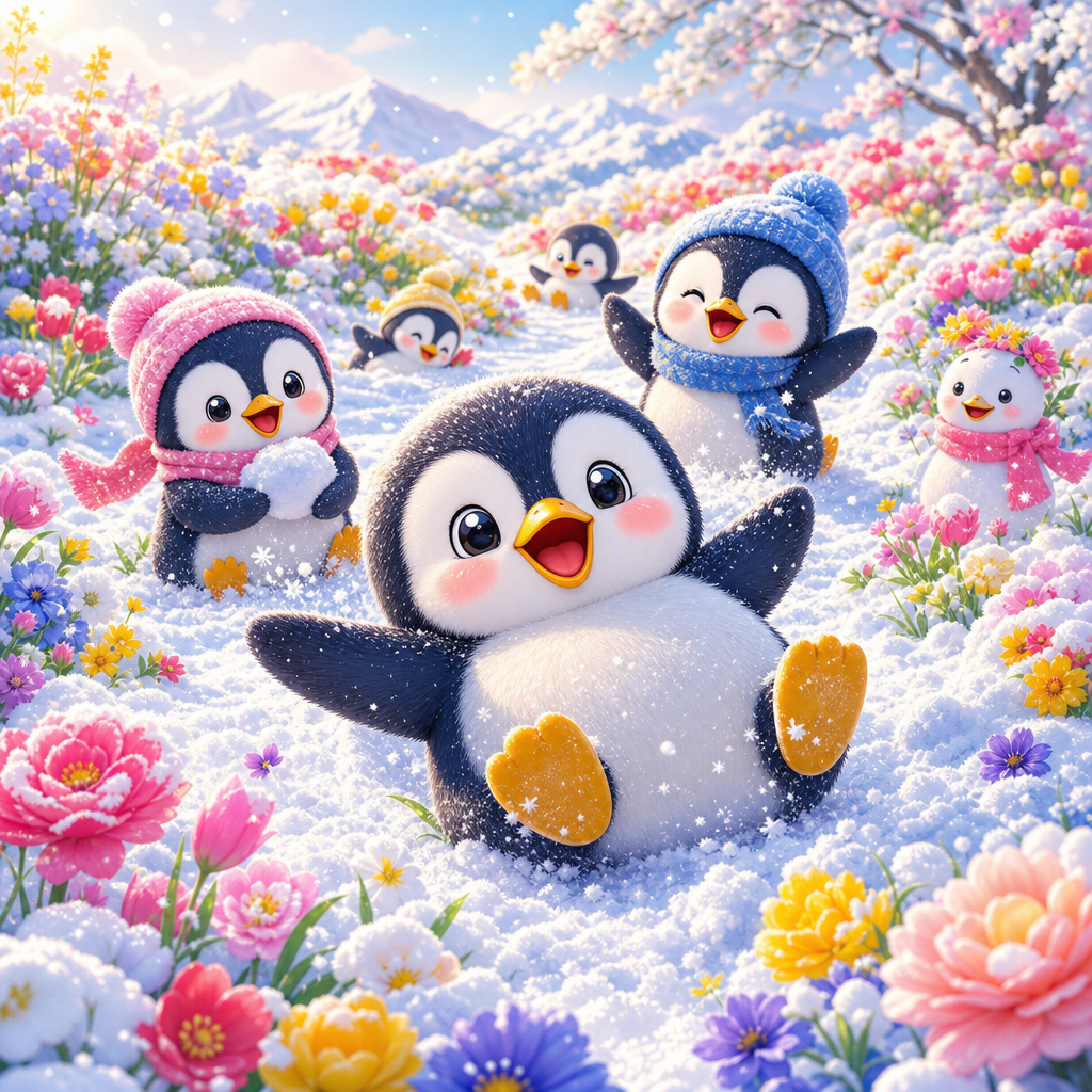 雪が降り積もった花畑の中で、かわいらしいペンギンが楽しそうに遊んでいるシーンを描いてください。ペンギンは丸みを帯びた体形で、愛らしい表情を浮かべています。周囲には色とりどりの花が咲き乱れ、雪の白さと花